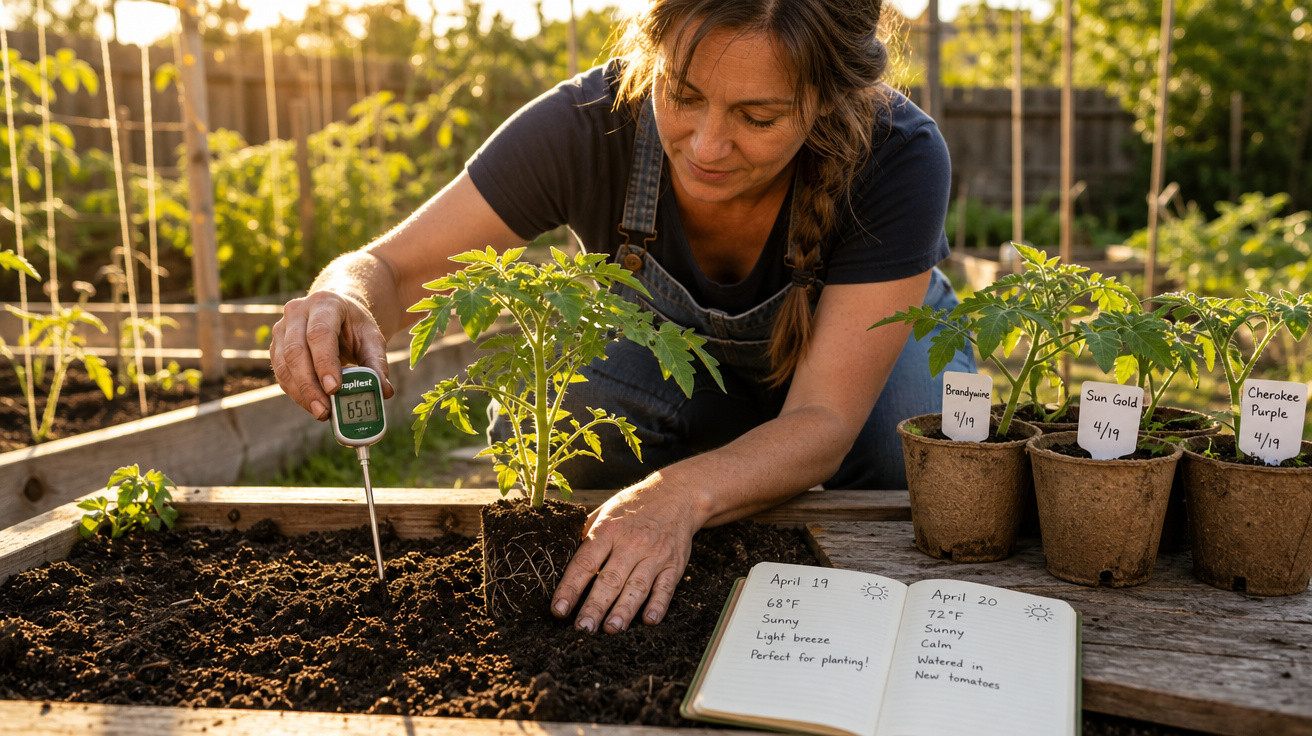 Mulher medindo temperatura do solo para plantar mudas de tomate em canteiro durante o dia.