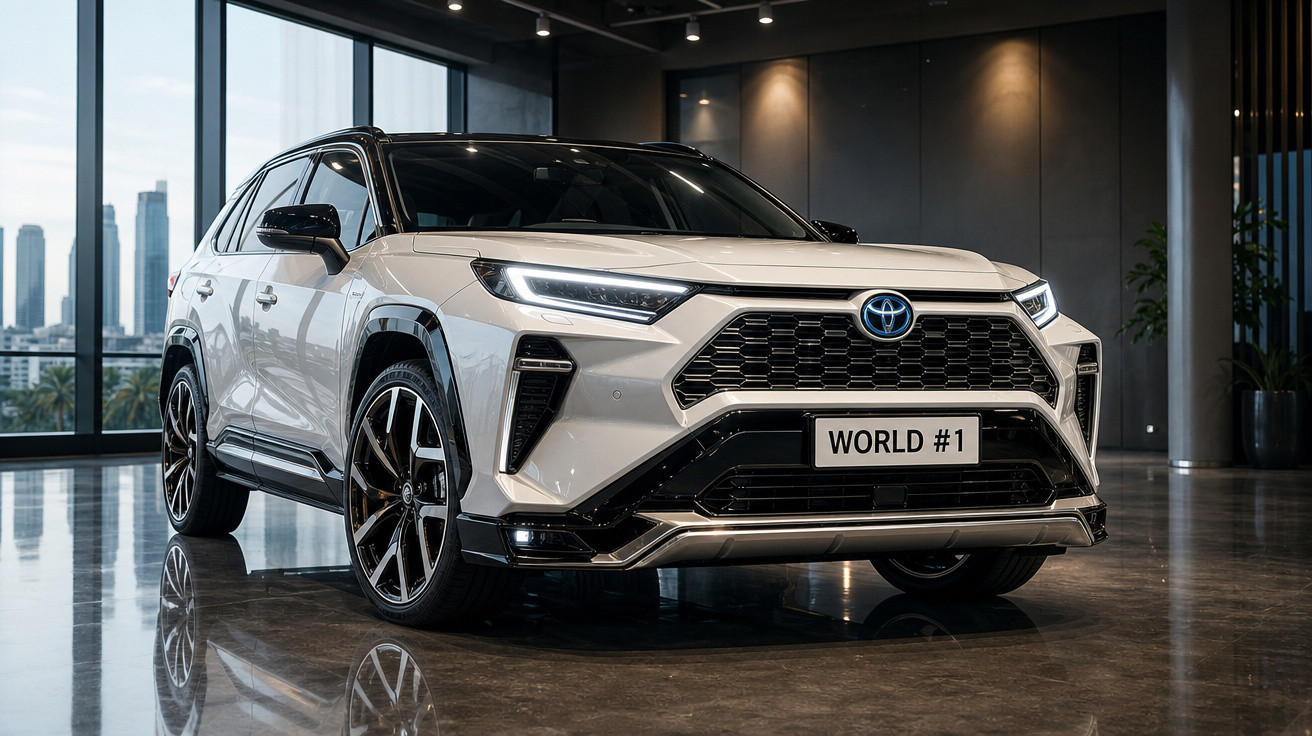 SUV branco da Toyota exibido em showroom moderno com placa personalizada "WORLD #1".