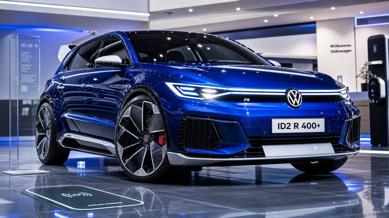 Carro elétrico Volkswagen ID.2 R 400+ azul em exposição interna com luzes LED acesas.