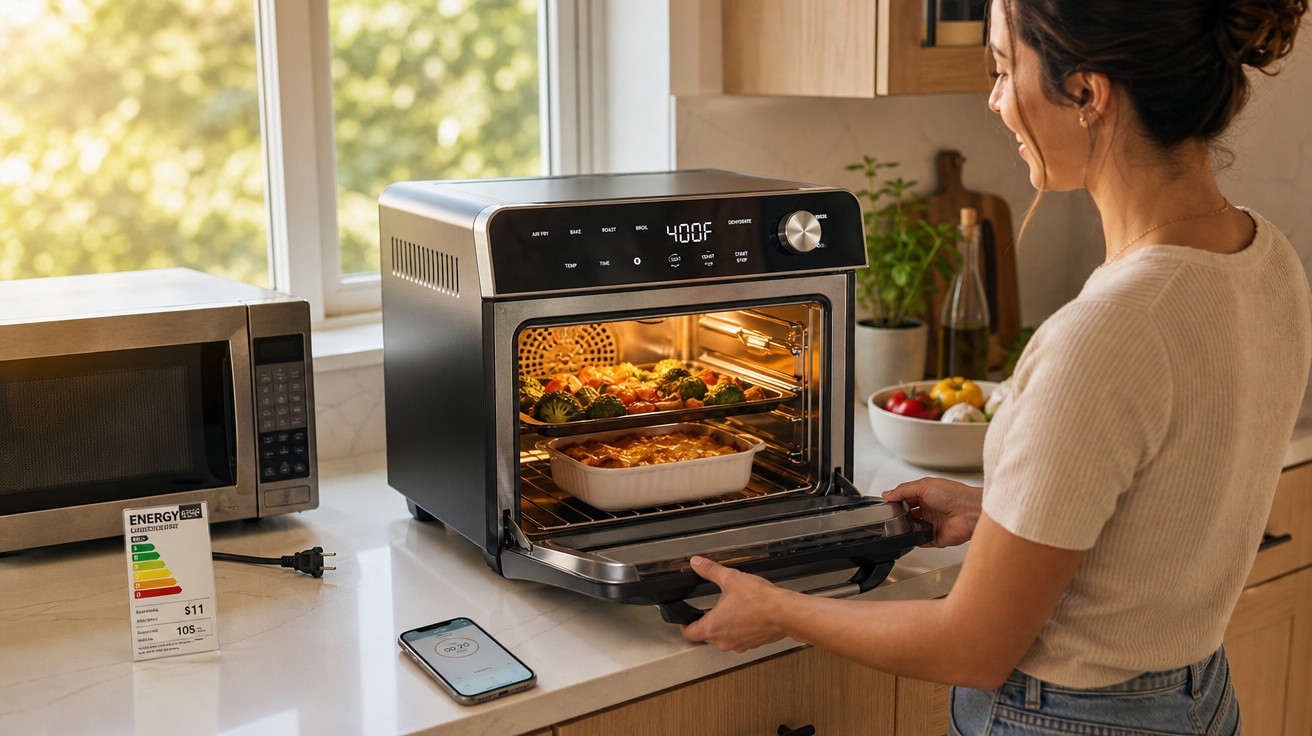 Mulher abrindo forno elétrico preto na cozinha com comida assando e micro-ondas ao lado.