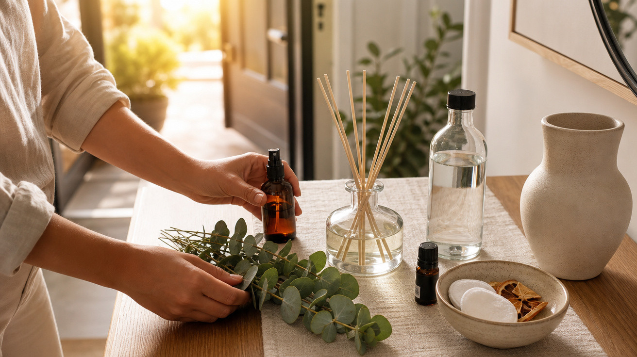 Pessoa segurando folhas verdes e frasco de vidro em mesa com aromatizadores e cerâmica decorativa.