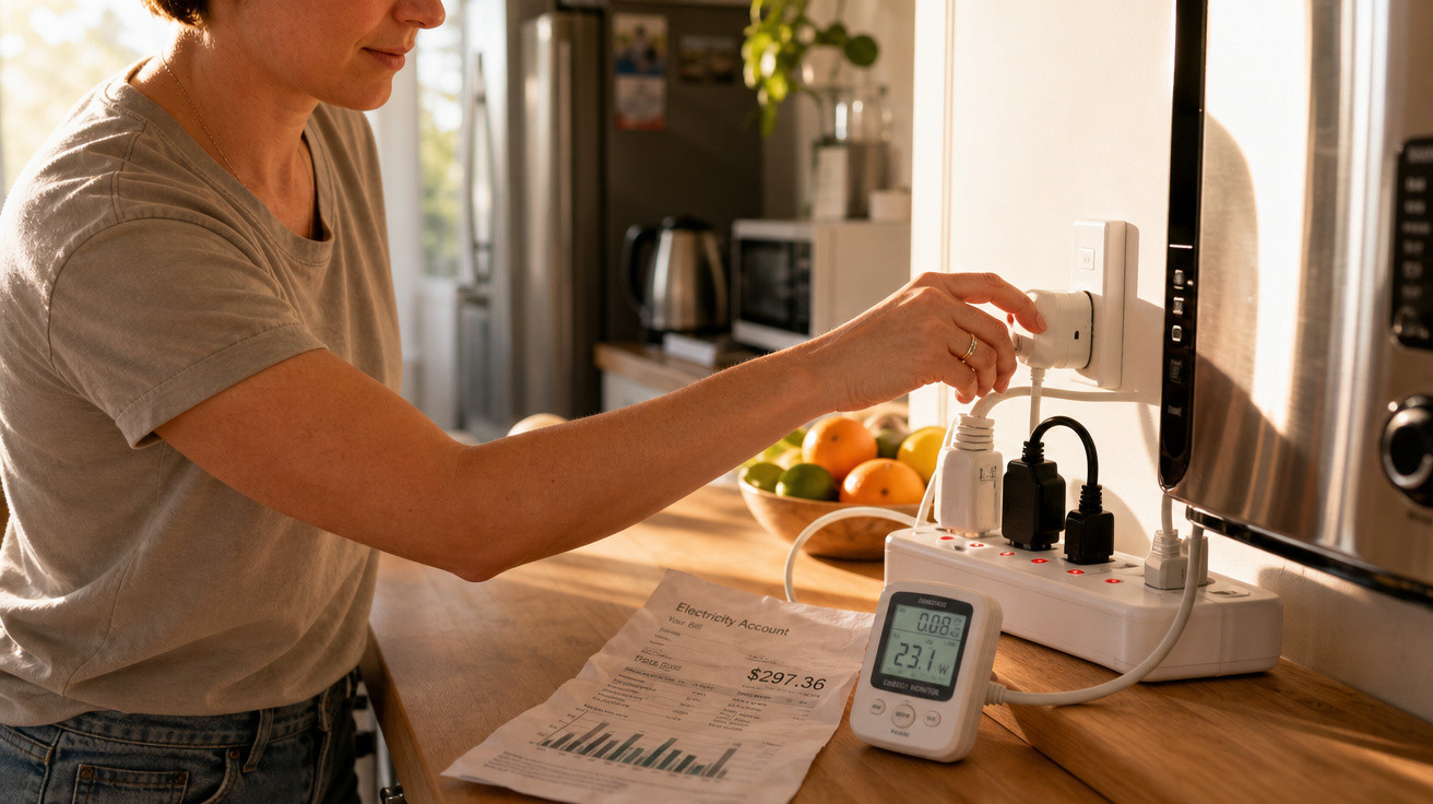 Pessoa medindo consumo energético de eletrodomésticos em tomada da cozinha com conta de luz sobre a bancada.