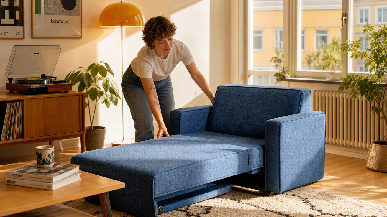 Pessoa abrindo sofá-cama azul em sala de estar iluminada com móveis e plantas.