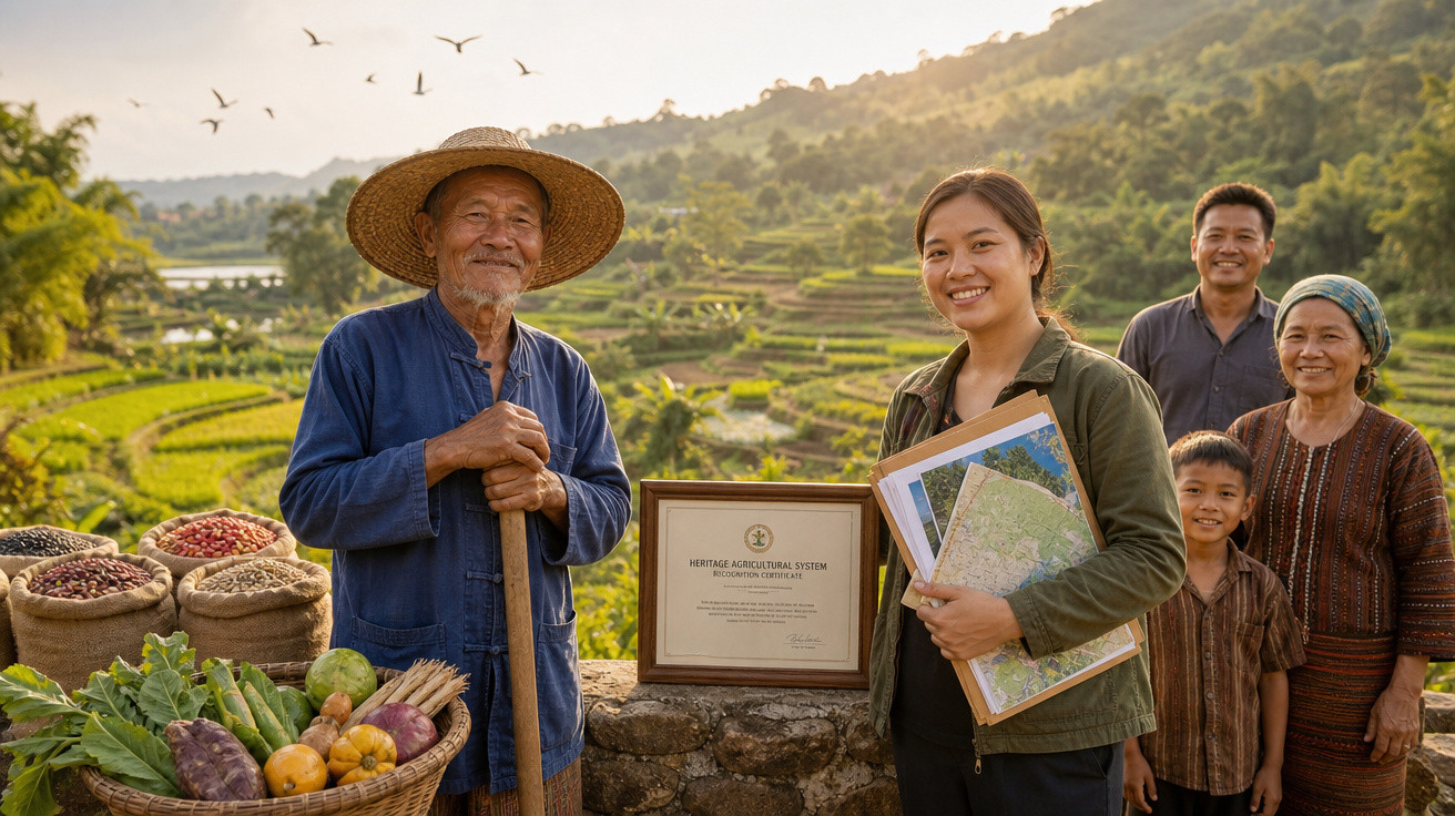 Grupo de agricultores em plantação em terraços com cesta de verduras, documentos e certificado de patrimônio agrícola.