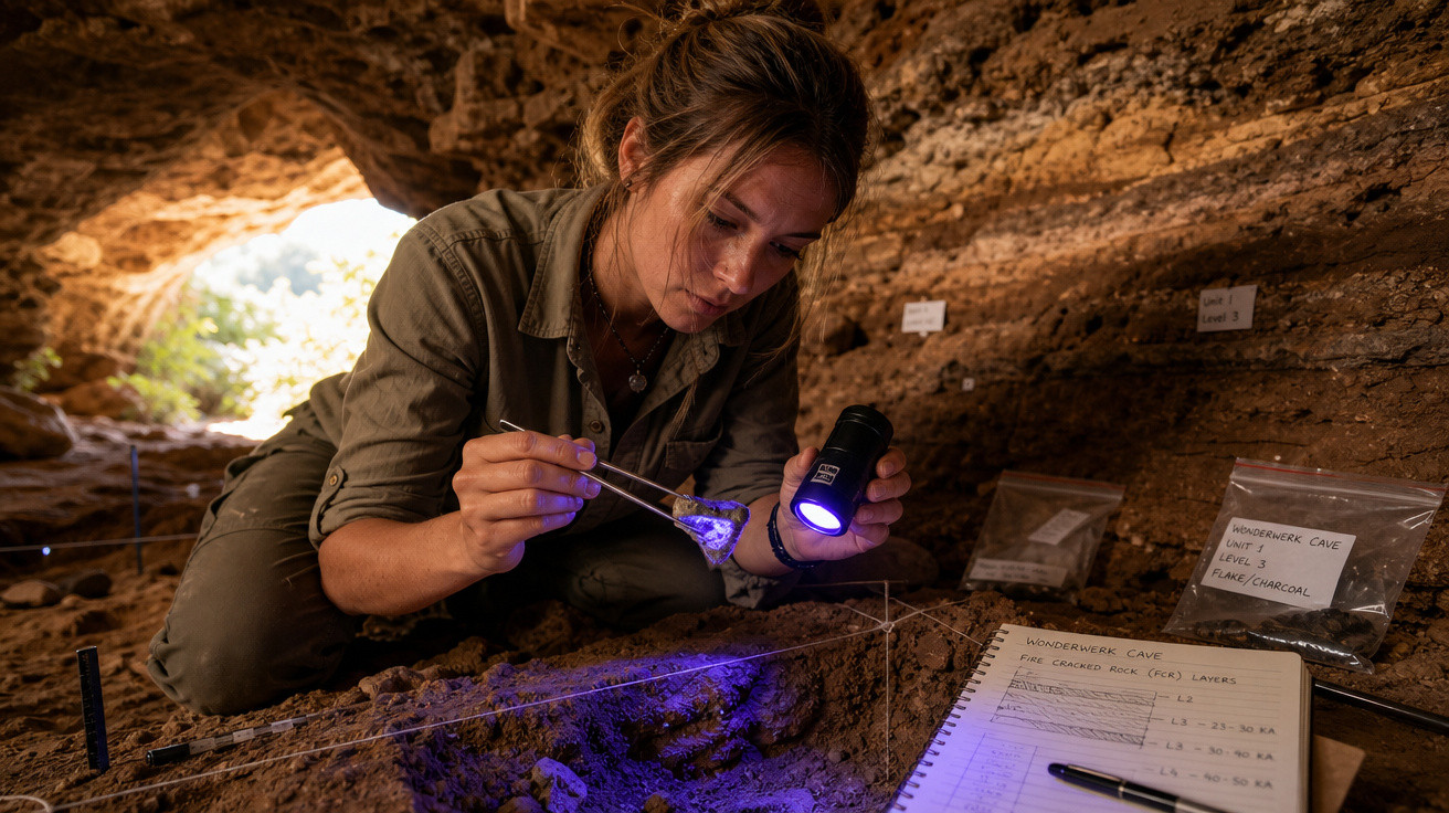 Mulher examina artefato arqueológico na caverna usando lanterna de luz ultravioleta e pinça.