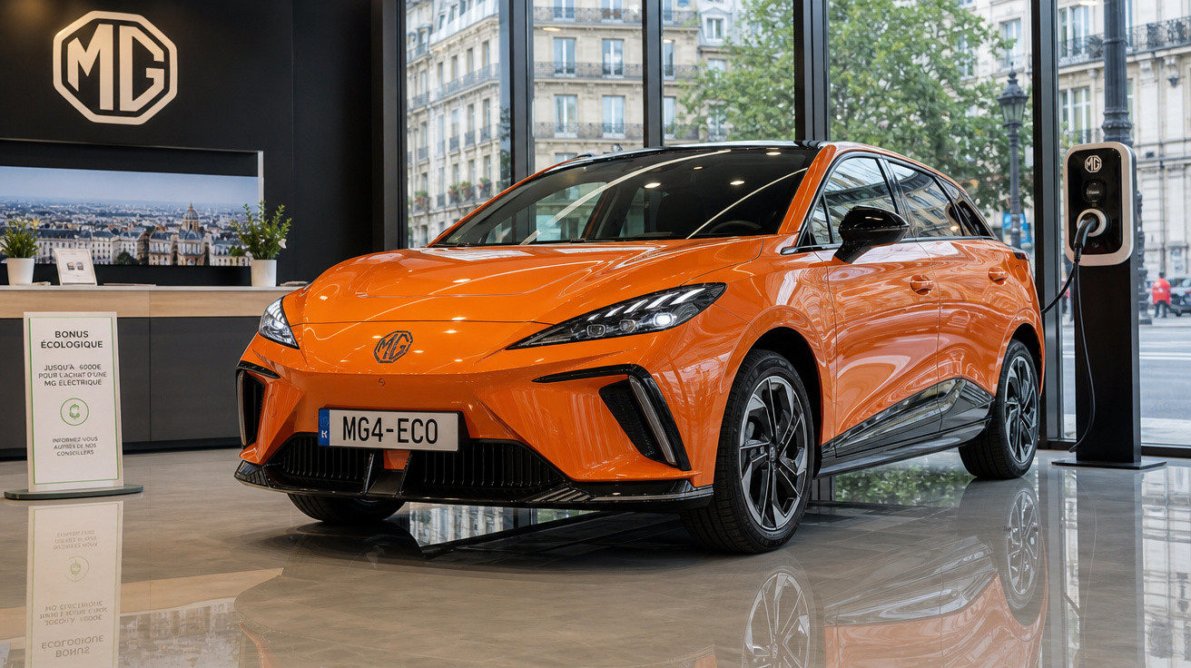 Carro elétrico MG4 Eco laranja em showroom com parede de vidro e estação de recarga ao lado.
