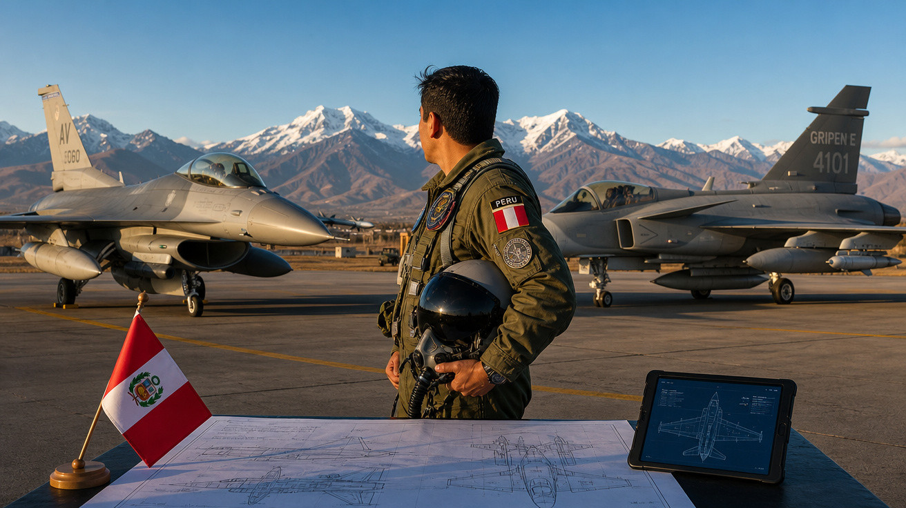 Militar peruano em uniforme observa caças F-16 e Gripen E na pista com bandeira e plantas aeronáuticas.