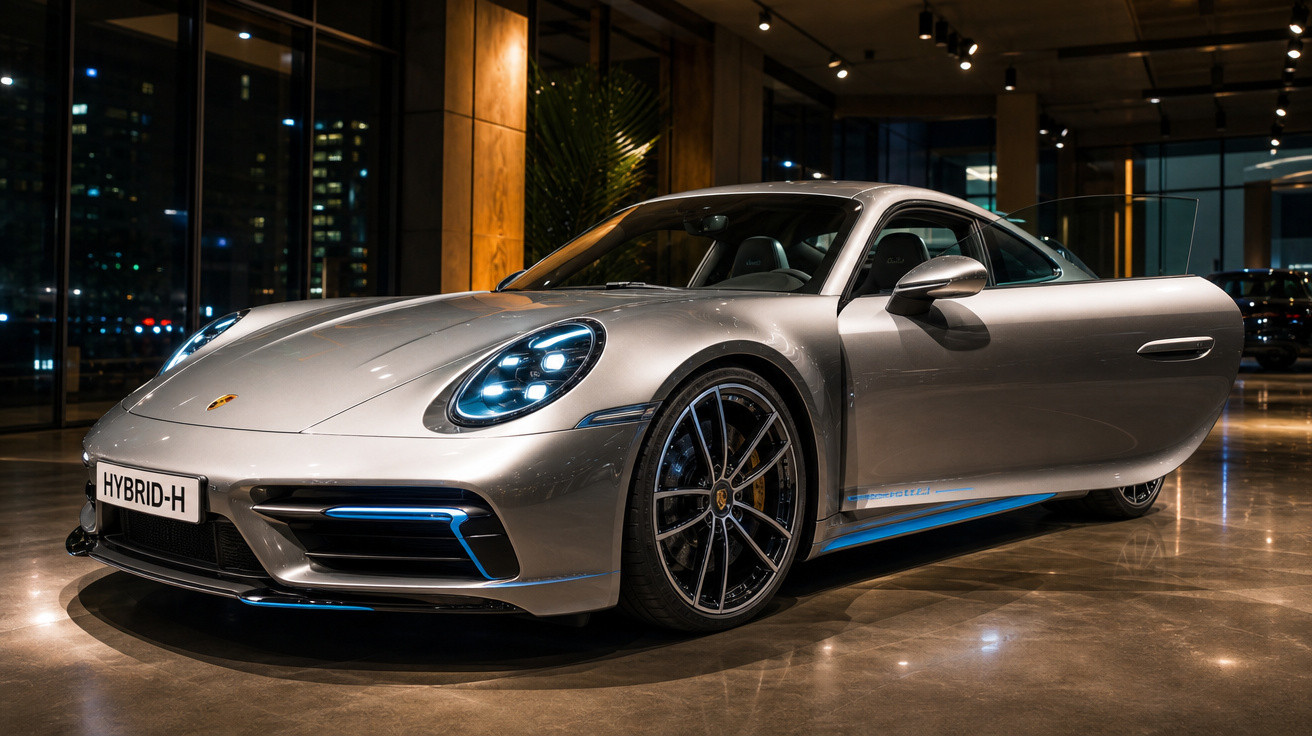 Carro esportivo prateado Porsche híbrido estacionado em ambiente interno moderno com luzes acesas.