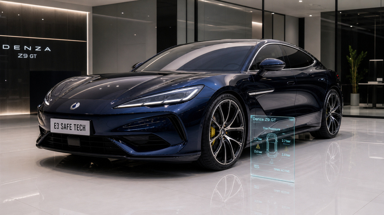 Carro elétrico Denza Z9 GT azul escuro em showroom com design moderno e rodas esportivas.