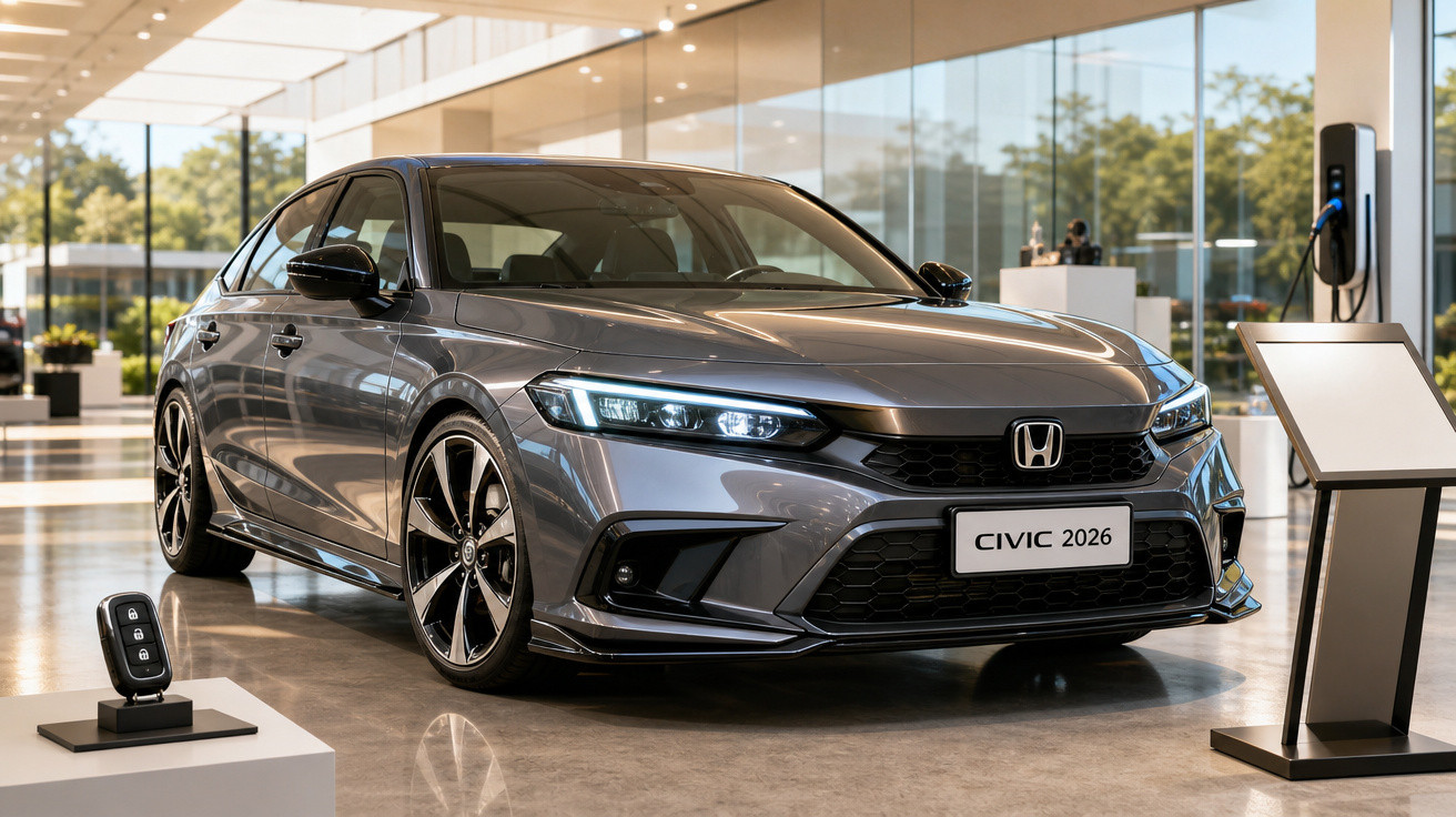 Carro Honda Civic 2026 cinza exibido em showroom moderno com área para recarga elétrica.