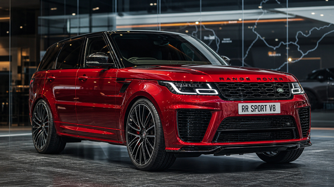 SUV Range Rover Sport V8 vermelho, vista frontal em ambiente interno moderno.