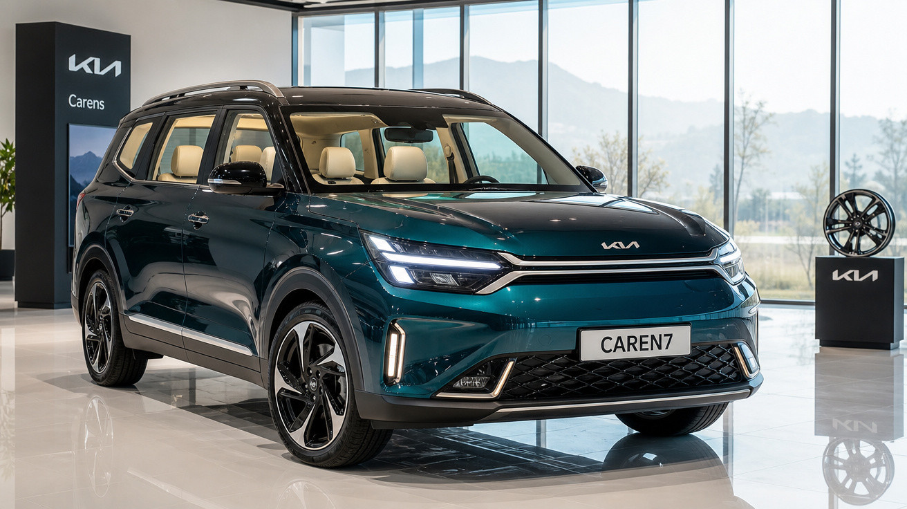 Carro SUV Kia Carens azul escuro exibido em showroom moderno com interiores beige e iluminação natural ampla.