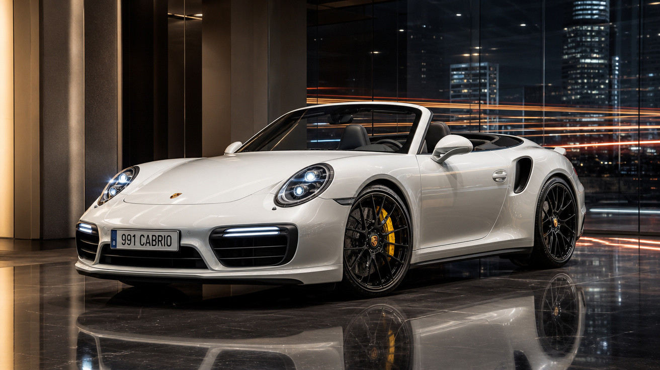 Carro esportivo conversível branco Porsche 911 Cabrio estacionado em ambiente interno com fundo urbano noturno.