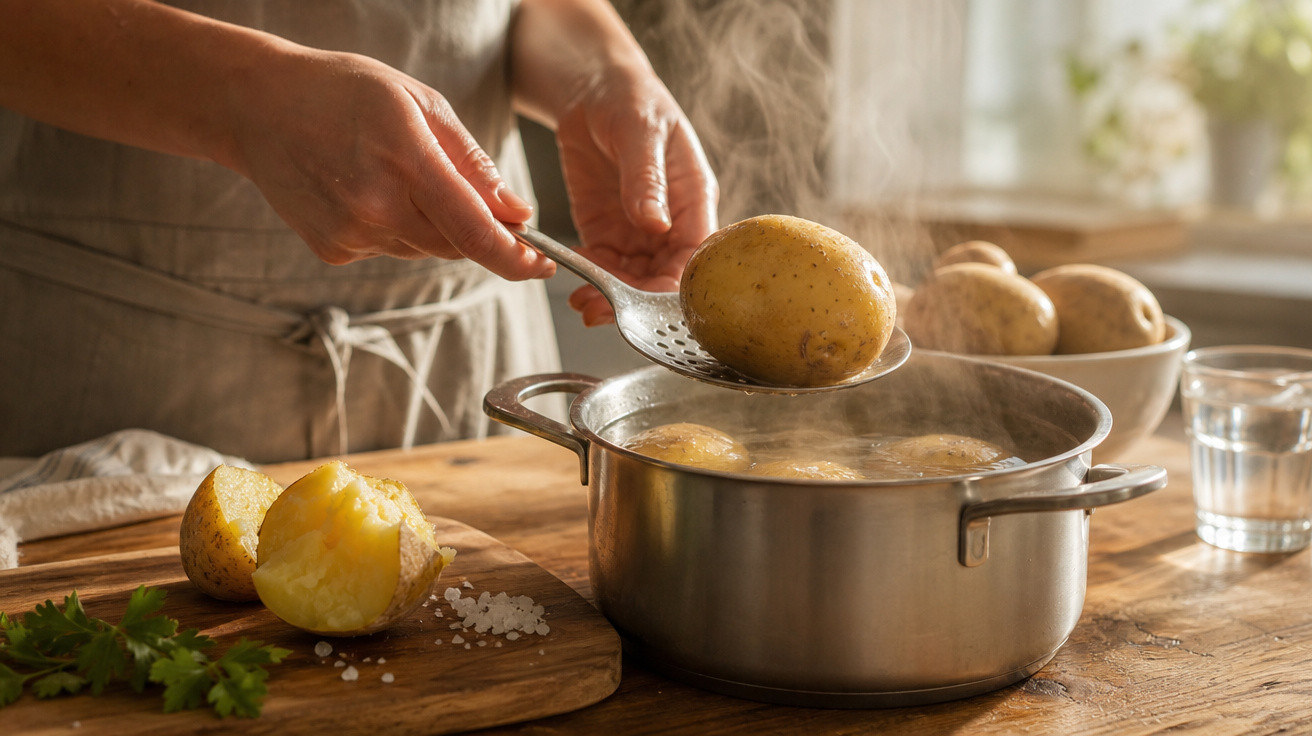 Pessoa cozinhando batatas em panela de inox, com batatas cozidas e sal grosso sobre tábua de madeira.