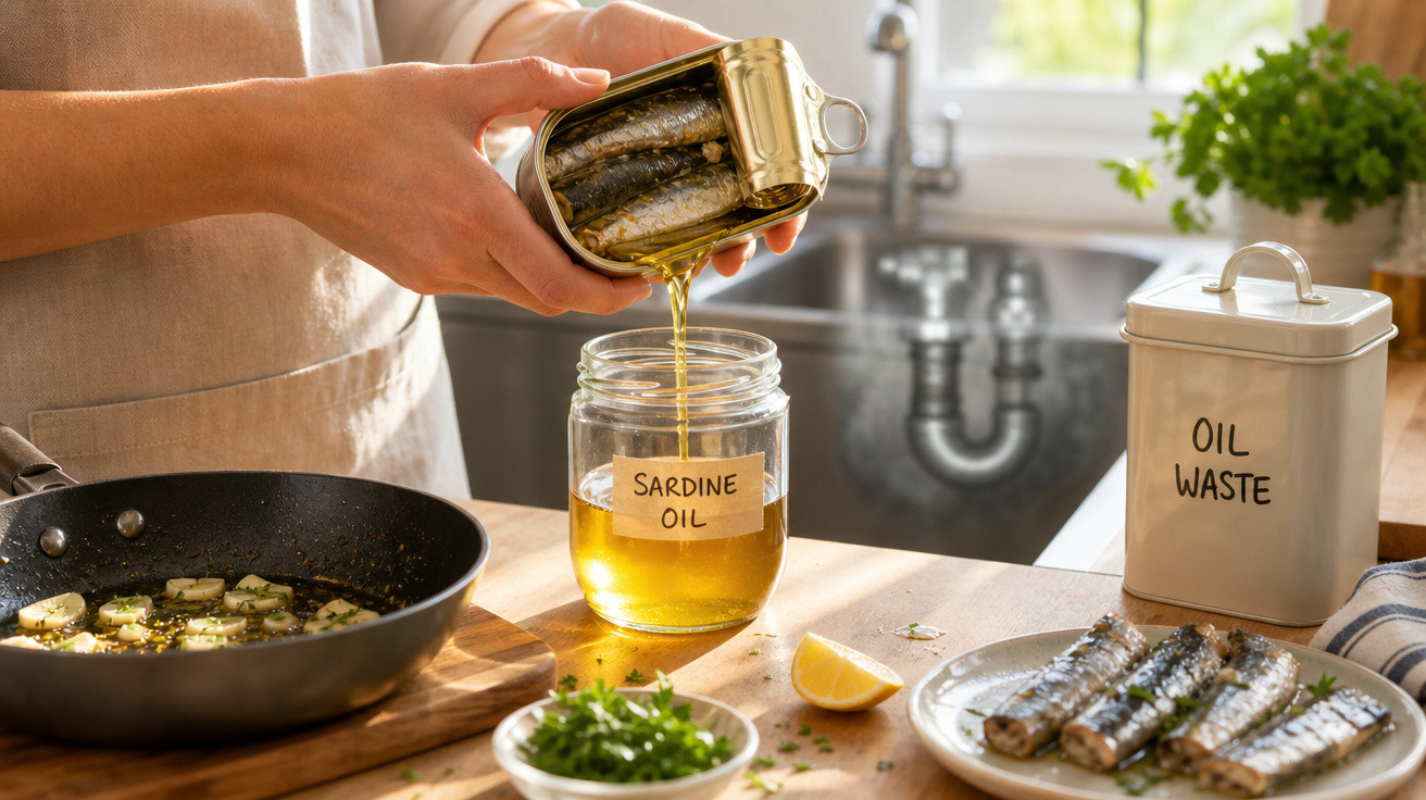 Pessoa drenando óleo de sardinha em um pote rotulado, com sardinhas e ingredientes na bancada da cozinha.