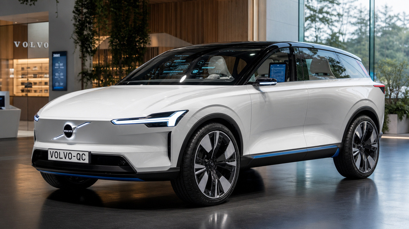 Carro elétrico SUV branco da Volvo modelo XC em exposição em ambiente interno moderno.