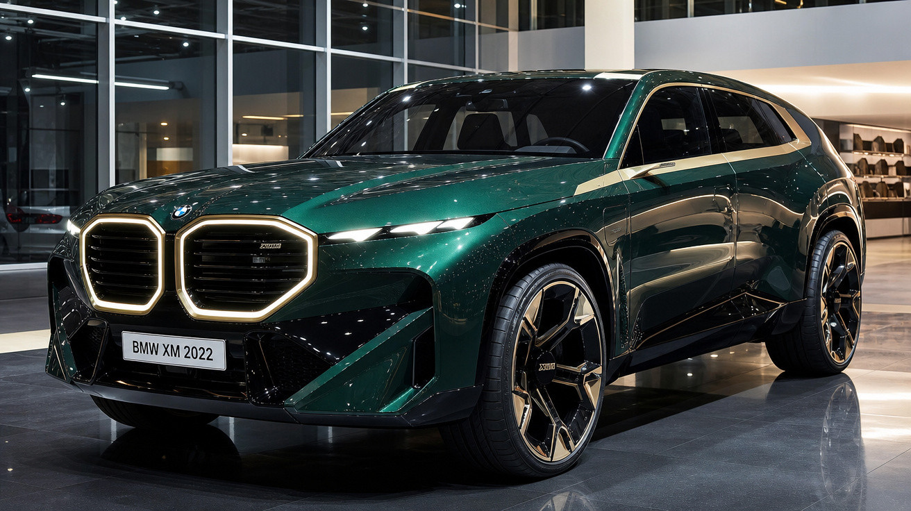 Carro BMW XM 2022 verde escuro exibido em showroom moderno com faróis LED e rodas grandes.