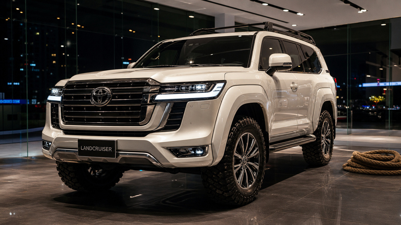 SUV Toyota Land Cruiser branco estacionado em showroom moderno com piso escuro e iluminação interna.