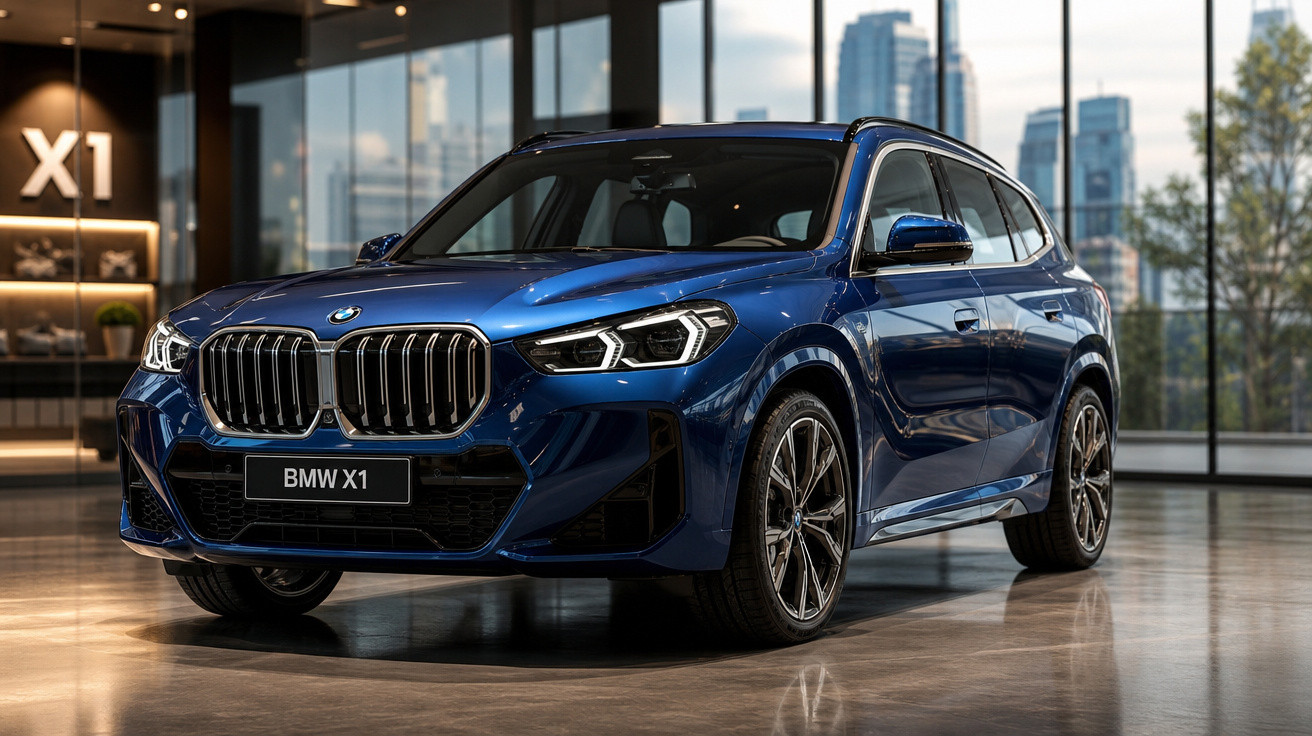 Carro SUV azul BMW X1 estacionado em showroom moderno com janelas grandes e vista urbana ao fundo.