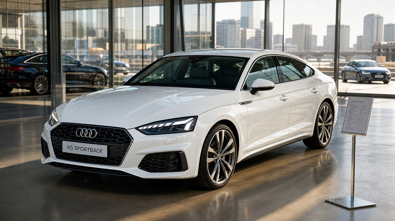 Carro branco Audi A5 Sportback em showroom com piso brilhante e grandes janelas panorâmicas ao fundo.