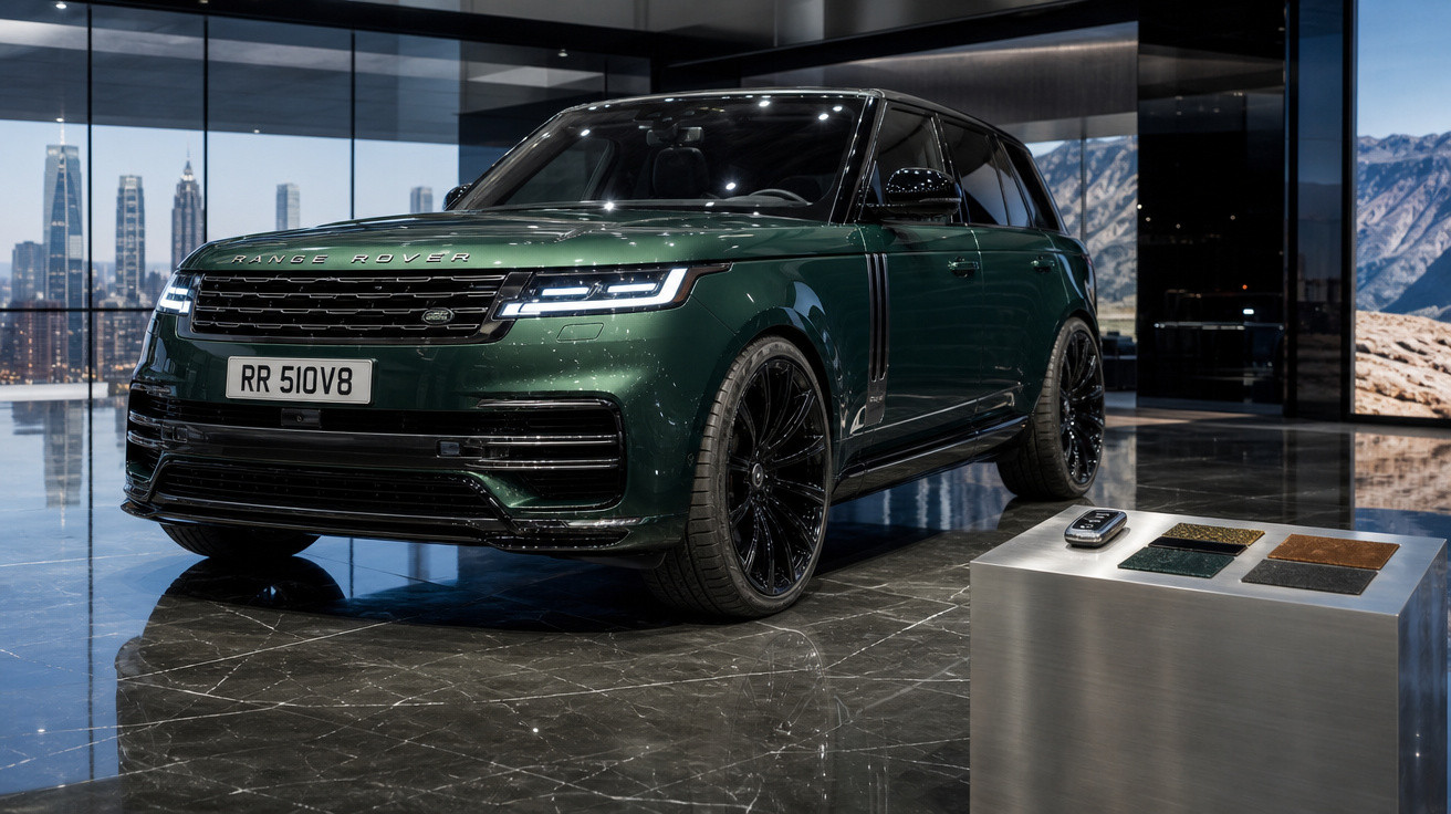 SUV Range Rover verde metálico exibido em showroom moderno com acabamento em mármore escuro.