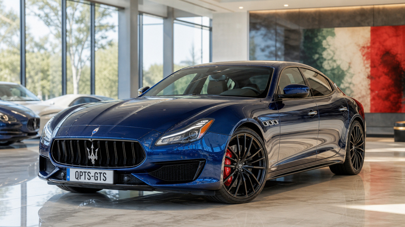 Carro esportivo azul Maserati GTS estacionado em showroom com piso de mármore e parede decorada.