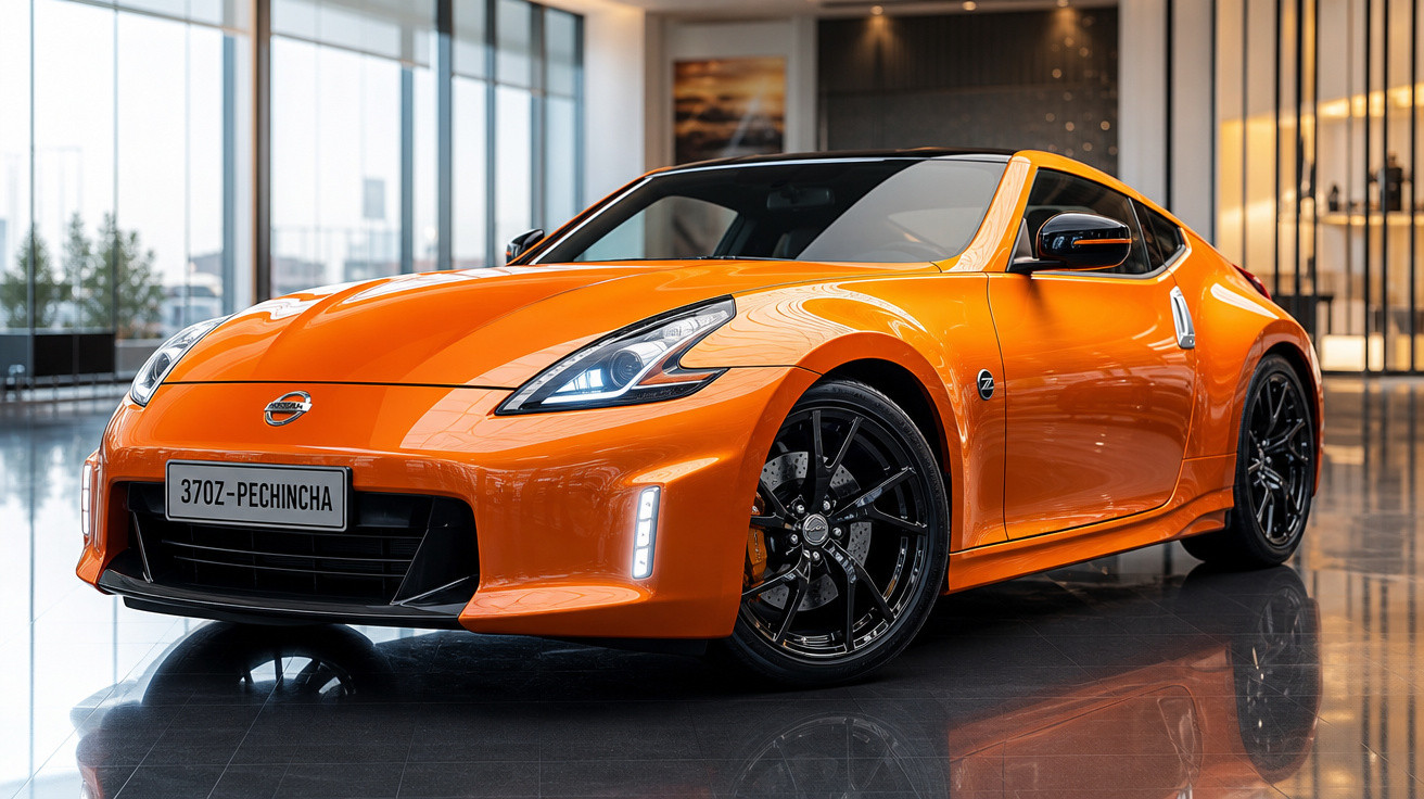 Carro esportivo laranja Nissan 370Z com rodas pretas em showroom moderno e iluminado.