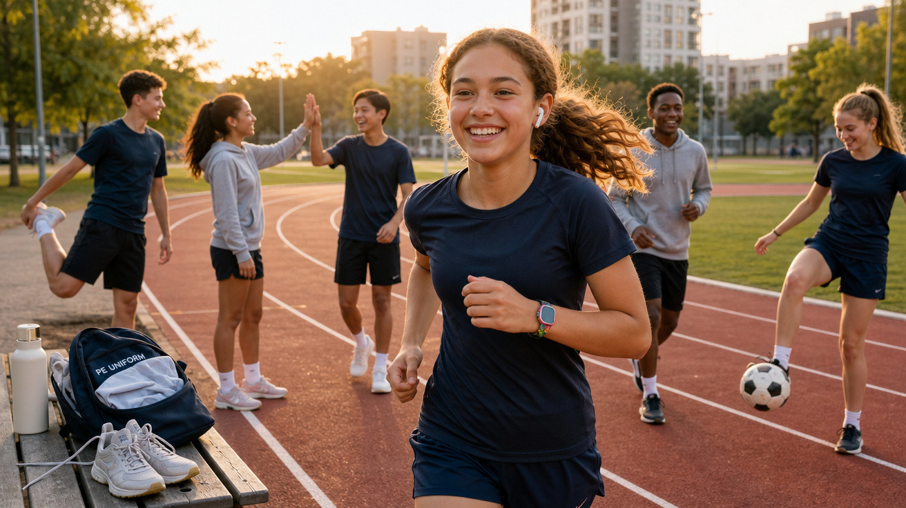 Adolescentes praticando esportes em uma pista de atletismo ao ar livre em dia ensolarado.