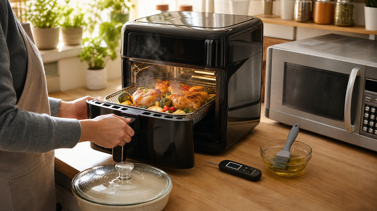 Pessoa retirando cesta com frango assado e legumes quentes de uma air fryer preta em cozinha.