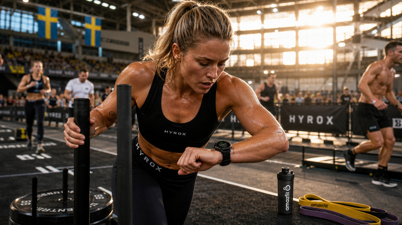 Mulher suada conferindo relógio durante treino intenso de força em competição de fitness indoor.