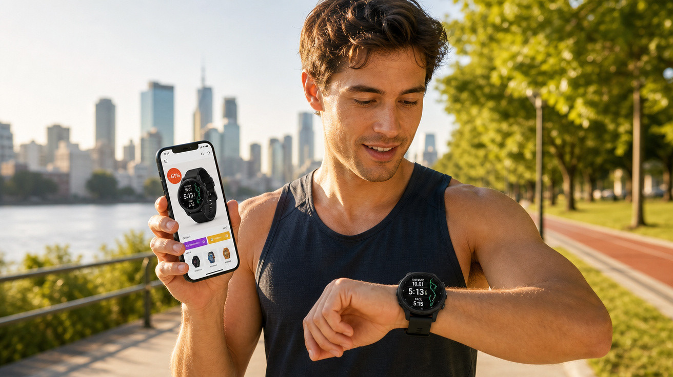 Homem em parque mostrando celular com relógio esportivo e olhando relógio no pulso em dia ensolarado.