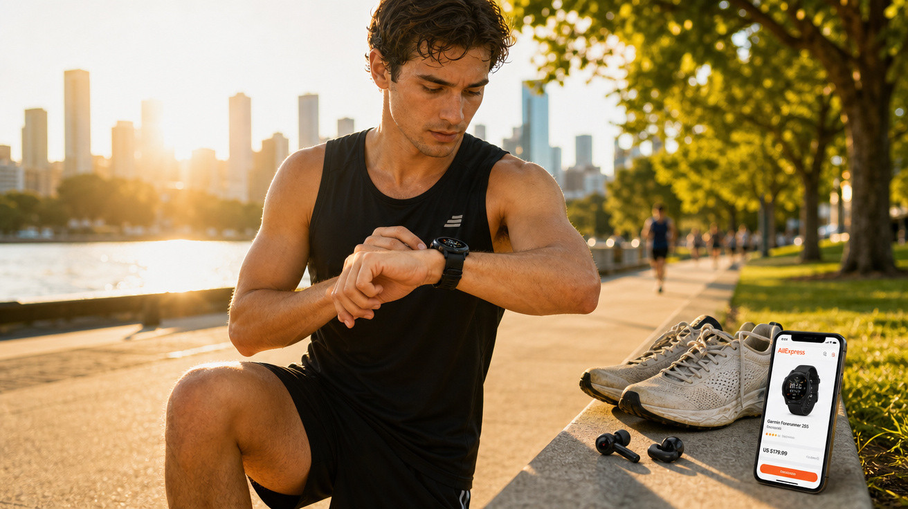 Homem em roupa esportiva checa relógio inteligente em parque urbano ao pôr do sol com tênis e celular ao lado.