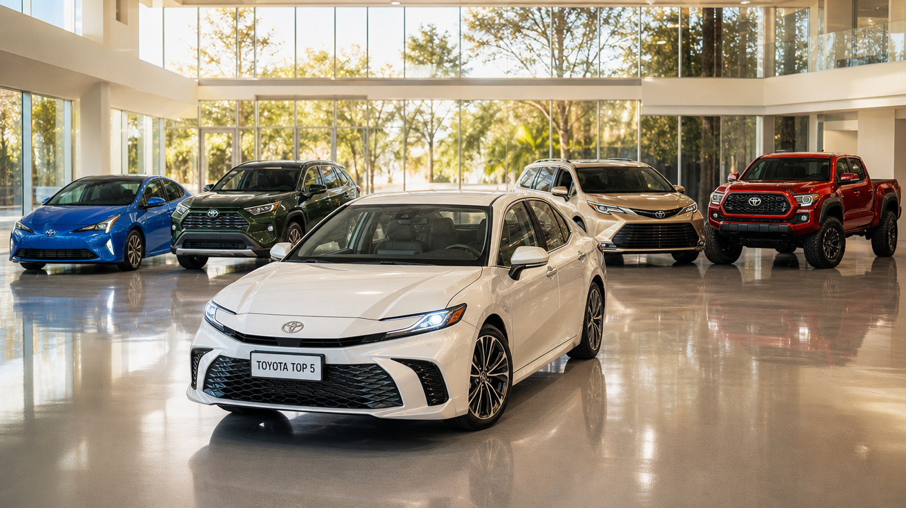 Cinco carros Toyota expostos em showroom moderno com piso refletivo e luz natural.