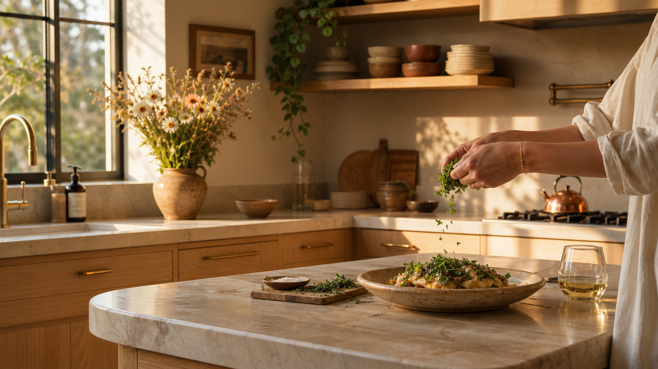 Pessoa temperando prato com ervas em cozinha ensolarada com decoração rústica e vaso de flores na bancada.