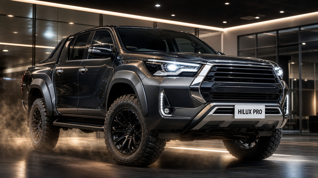 Picape Toyota Hilux Pro preta estacionada em ambiente fechado com iluminação moderna e destaque nos faróis e rodas.
