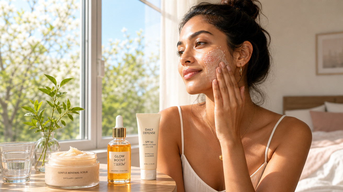 Mulher aplicando esfoliante facial, com produtos de cuidados da pele sobre a mesa próxima à janela iluminada.