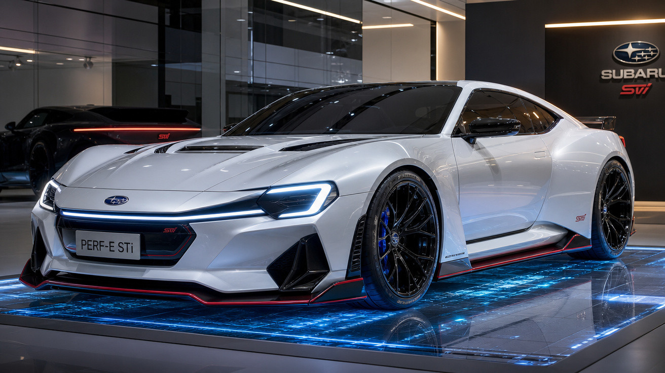 Carro esportivo branco Subaru Perf-E STi com luzes de LED exposto em salão moderno.