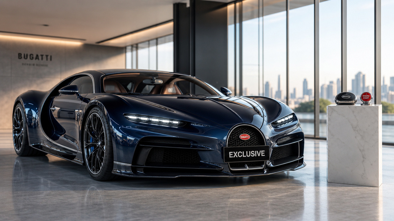 Carro esportivo Bugatti Chiron azul escuro em showroom moderno com iluminação natural e placa "Exclusive".
