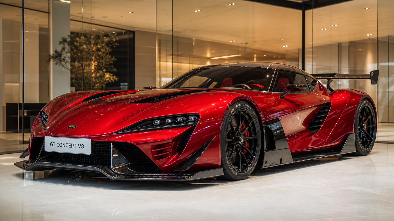 Carro esportivo vermelho GT Concept V8 estacionado em ambiente interno com teto de vidro e iluminação amarela.