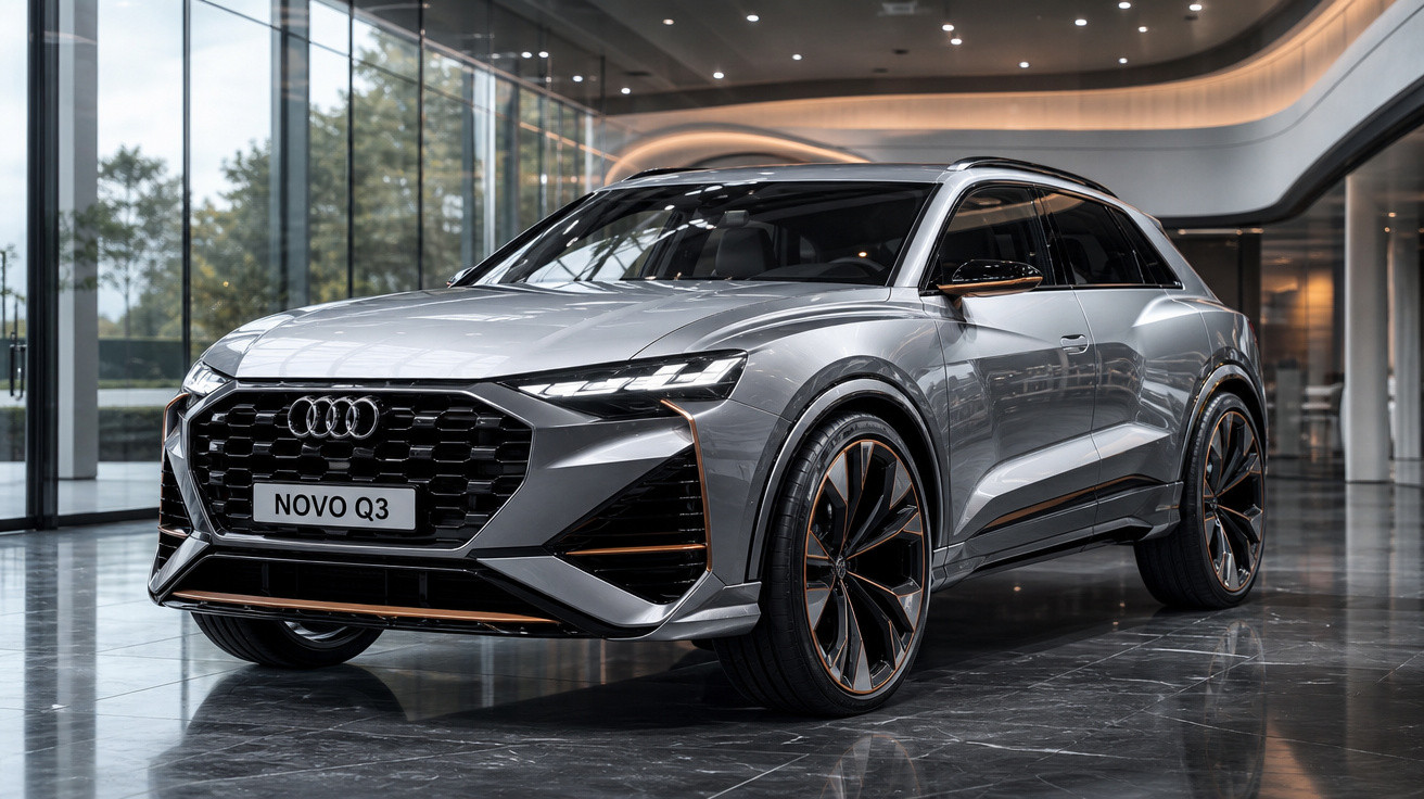 SUV Audi Novo Q3 prata exibido em showroom moderno com piso refletivo e grandes janelas.