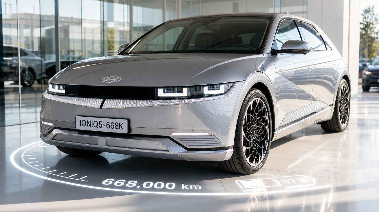 Carro elétrico Hyundai Ioniq 5 cinza estacionado em ambiente moderno com projeção digital no chão.