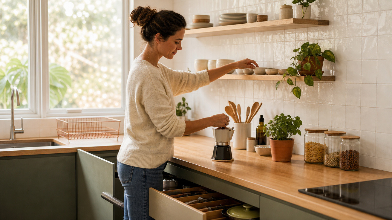 Mulher preparando café em cafeteira italiana em cozinha moderna com prateleiras e plantas.