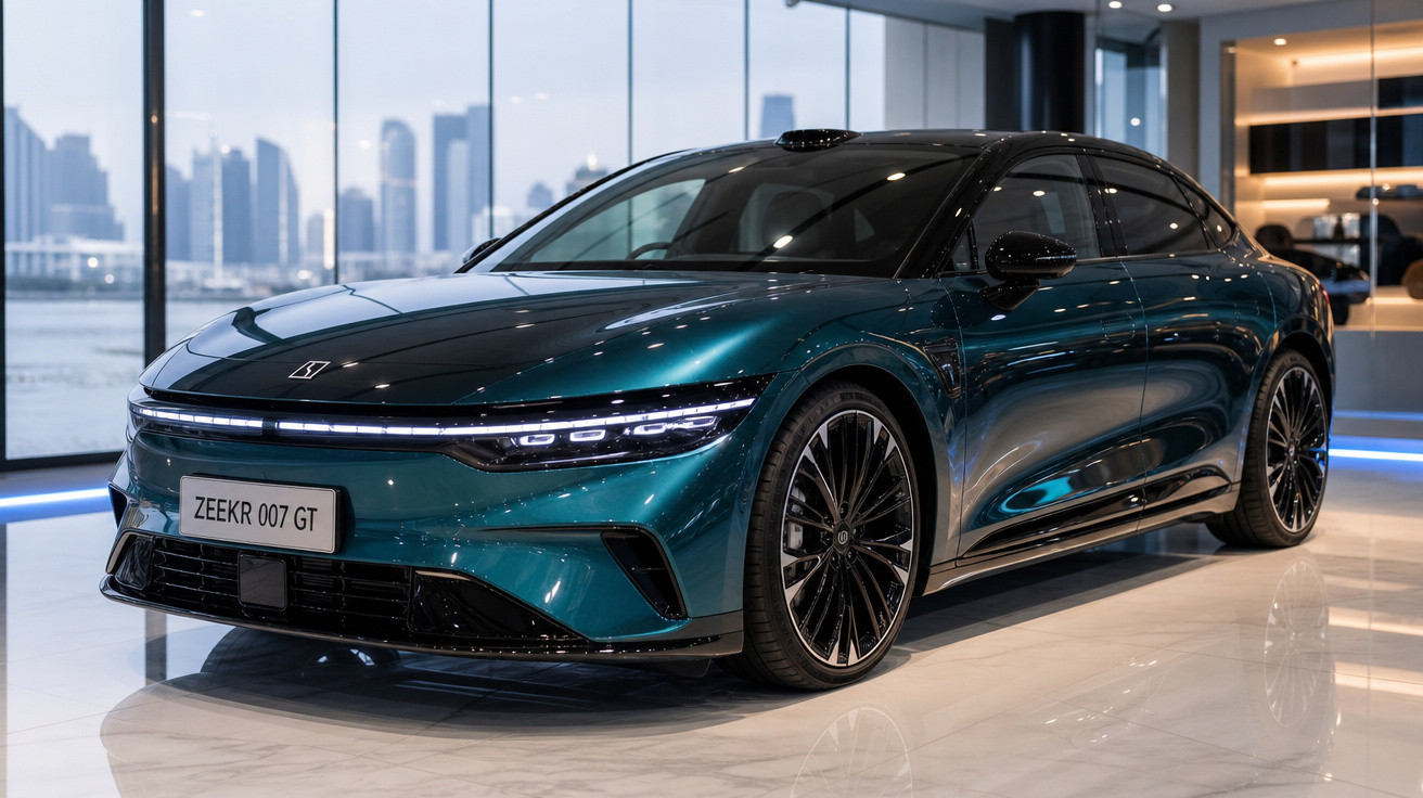 Carro elétrico esportivo Zeekr 007 GT azul em showroom moderno com janelas panorâmicas na cidade ao fundo.