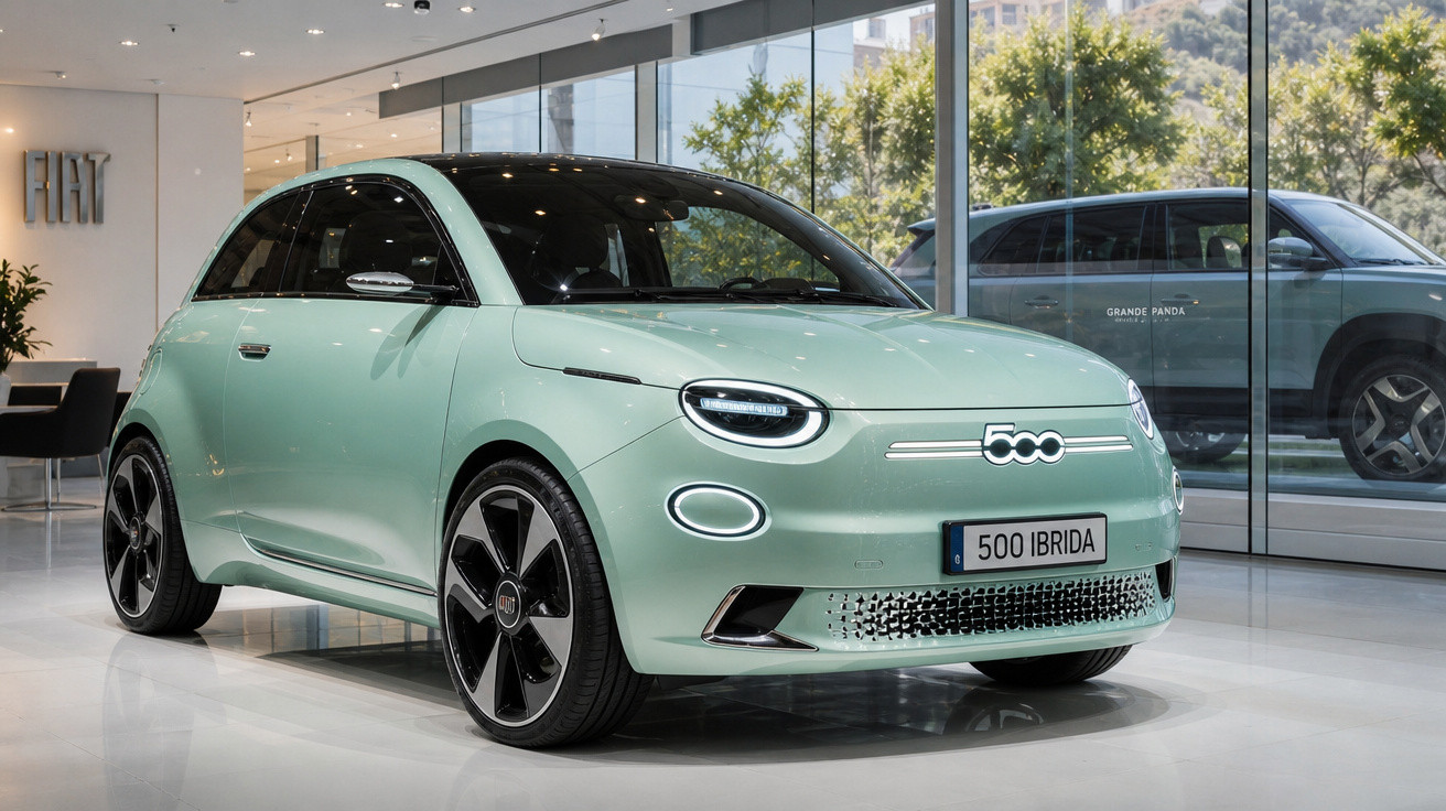 Carro Fiat 500 híbrido verde claro exibido em showroom com rodas pretas e teto preto.