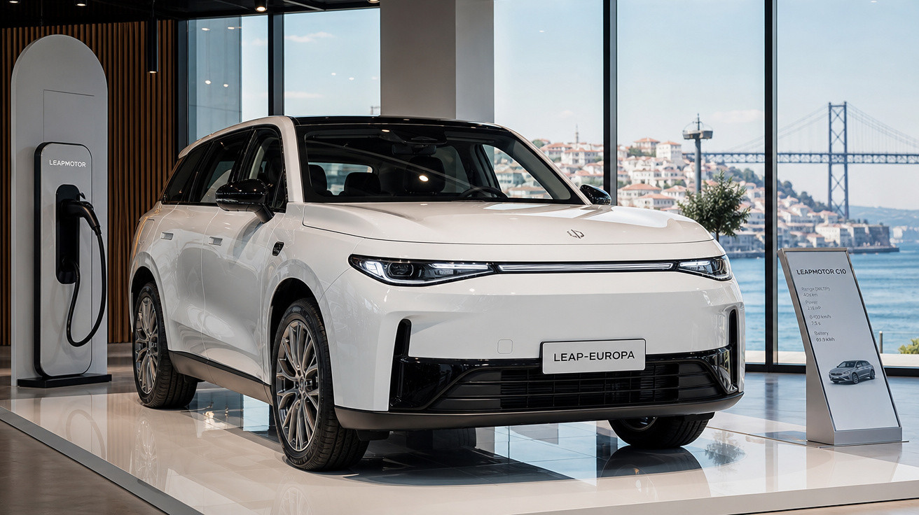 Carro elétrico branco Leap-Europa em exposição interna com carregador e vista de ponte ao fundo.