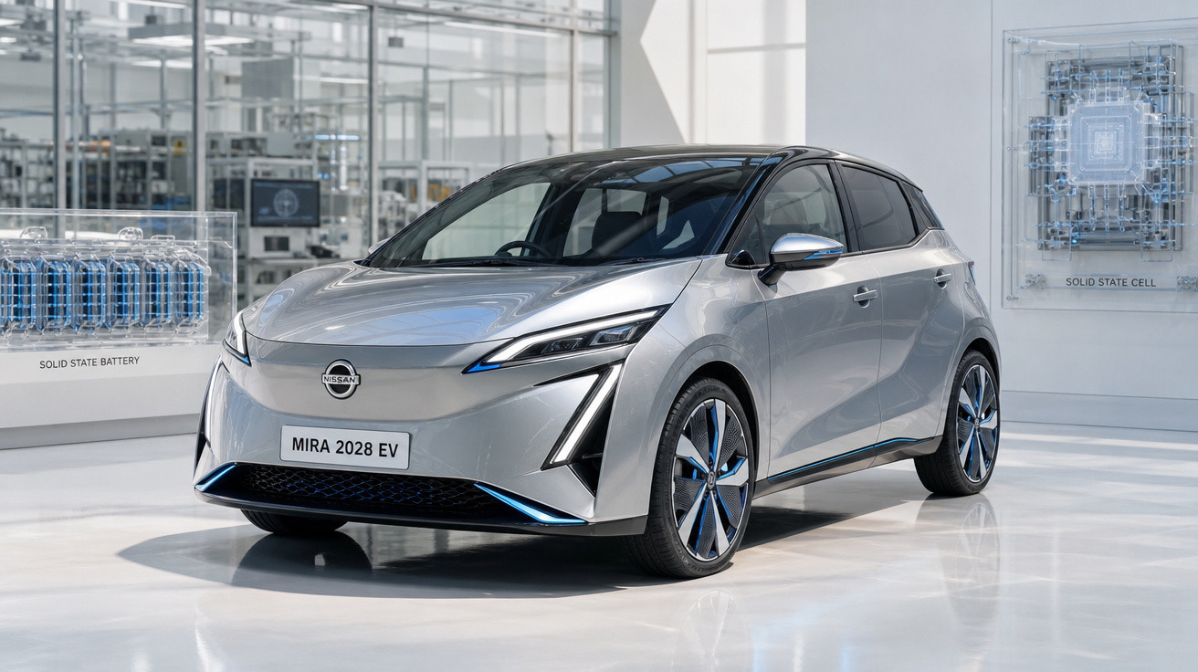 Carro elétrico Nissan MIRA 2028 EV prata estacionado em ambiente moderno e iluminado.