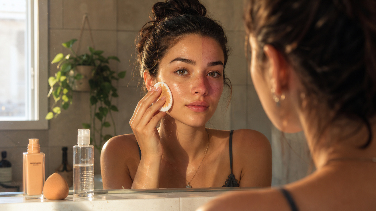 Mulher jovem aplicando maquiagem no rosto usando espelho em banheiro iluminado pela luz natural.