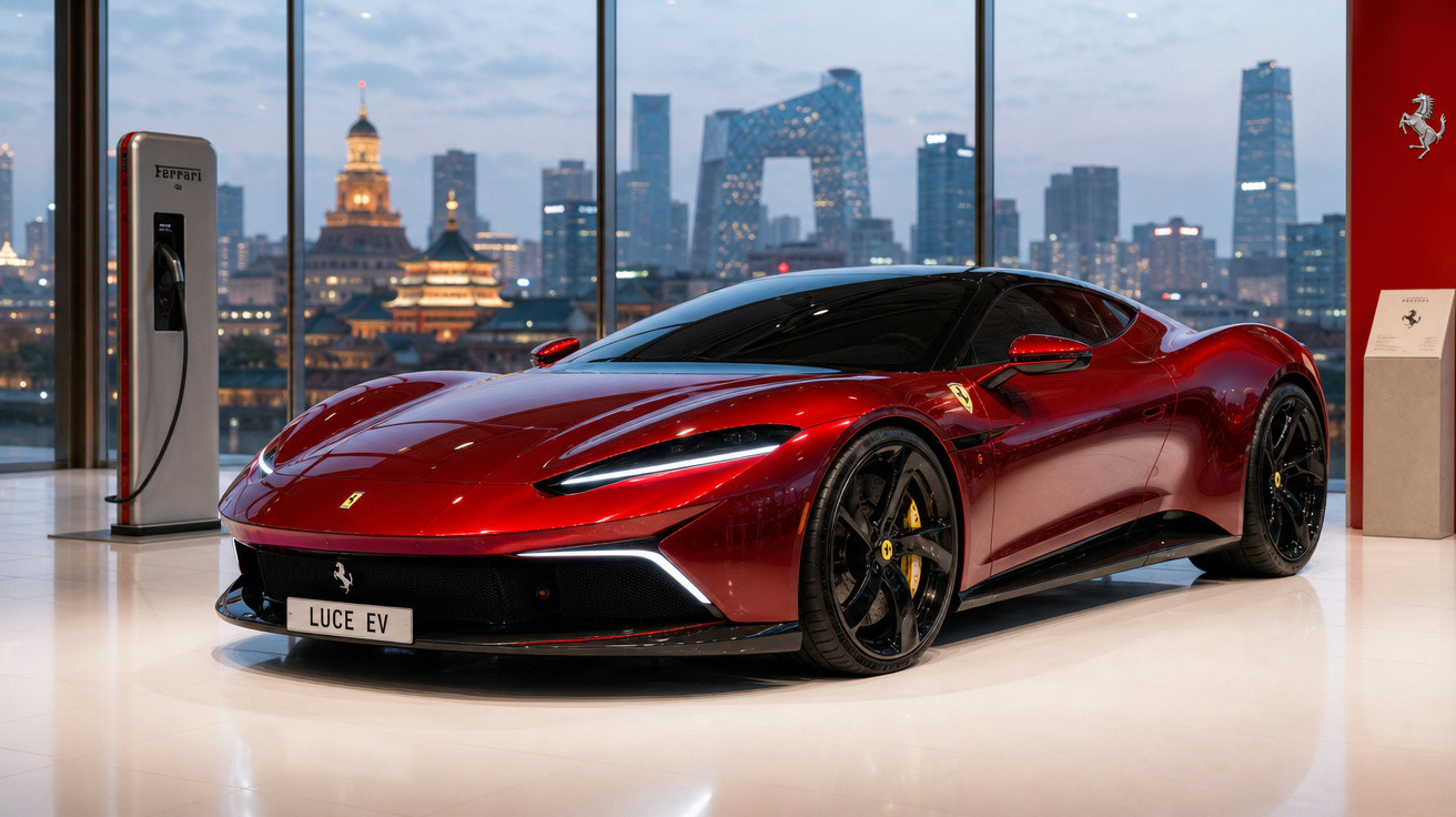 Carro esportivo Ferrari vermelho brilhante estacionado em showroom moderno com vista urbana ao fundo.