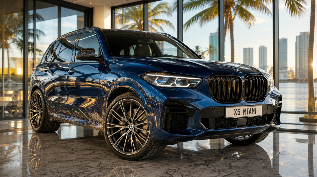 SUV BMW X5 azul exibido em showroom com piso de mármore e vista panorâmica de palmeiras e prédios.