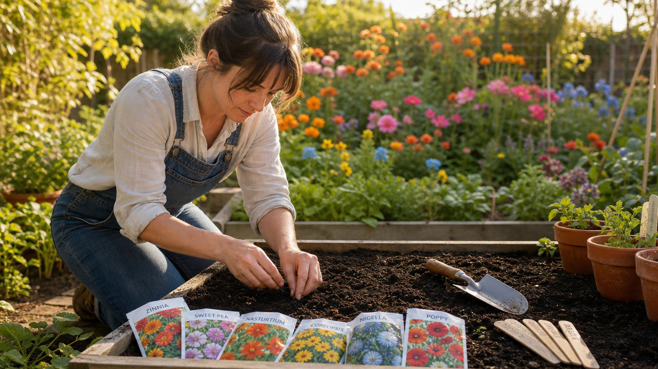 Mulher plantando sementes em canteiro com pacotes de flores ao lado em jardim florido ao fundo.